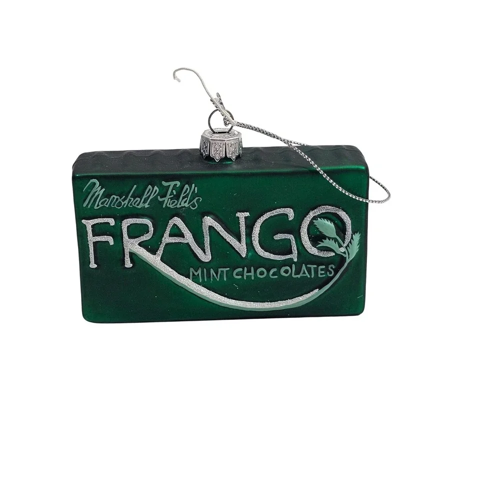 Marshall Fields Frango Mint Chocolate Glass Christmas Ornament Green Silver Logo